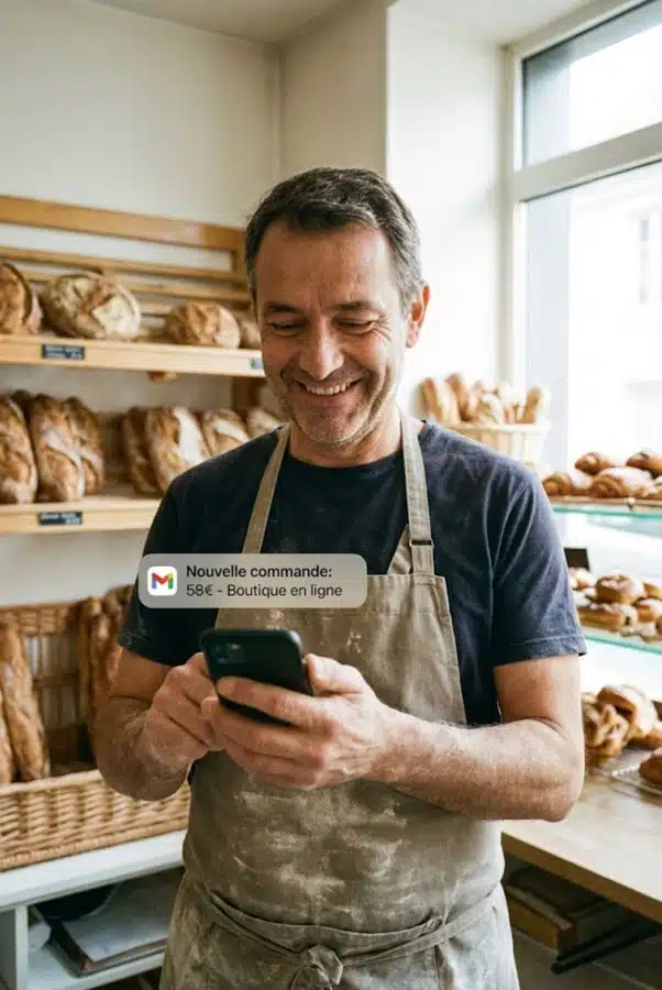 Artisan boulanger souriant regardant une notification de nouvelle commande de 58€ sur son smartphone. Illustration du succès d'une boutique en ligne locale.