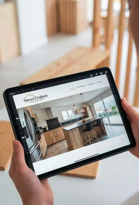 Mise en avant du site internet responsive 'Rénov'Chablais' sur une tablette. Le site affiche une photo haute définition d'une cuisine moderne, illustrant le savoir-faire de l'artisan.