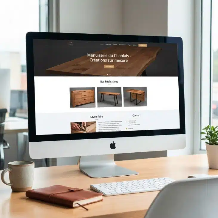 Site internet vitrine sur-mesure pour une menuiserie du Chablais, présenté sur un écran iMac. Design épuré mettant en avant des photos de meubles en bois.