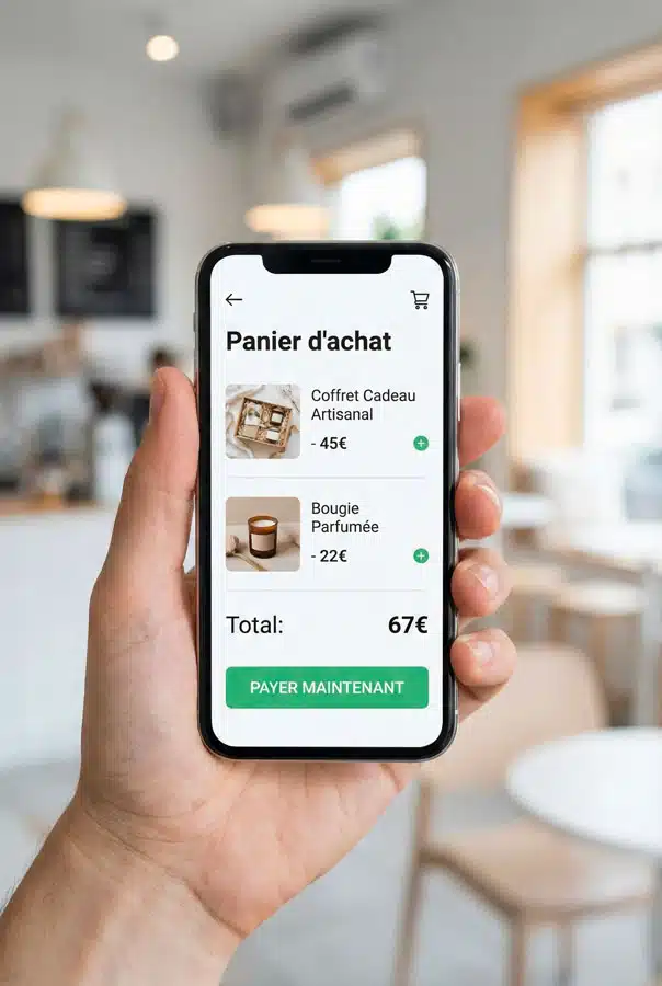 Vue subjective d'un client tenant un smartphone affichant un panier d'achat e-commerce clair. Articles visibles : Coffret Cadeau et Bougie, avec un bouton vert 'Payer Maintenant'.