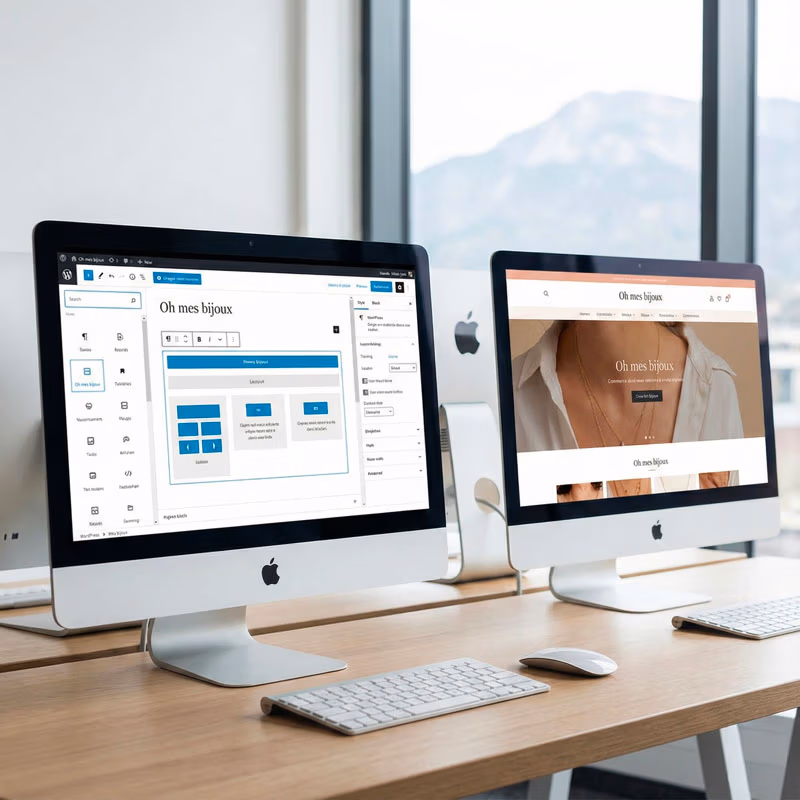 Double &eacute;cran de travail d'un expert digital &agrave; Thonon : &agrave; gauche l'interface de cr&eacute;ation WordPress, &agrave; droite une boutique e-commerce finalis&eacute;e.