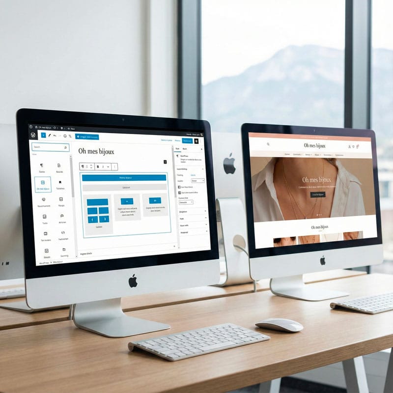Double écran de travail d'un expert digital à Thonon : à gauche l'interface de création WordPress, à droite une boutique e-commerce finalisée.