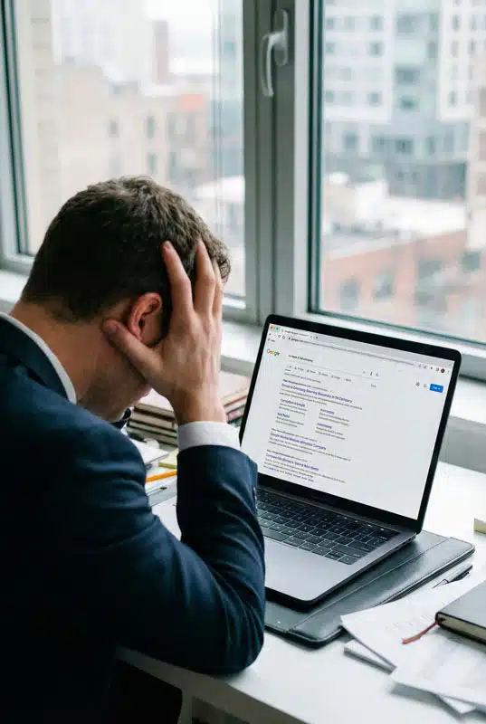 Entrepreneur contemplatif et isolé regardant par une grande baie vitrée la ville active au crépuscule. Métaphore d'un site web esthétique mais coupé de son marché car invisible sur Google.